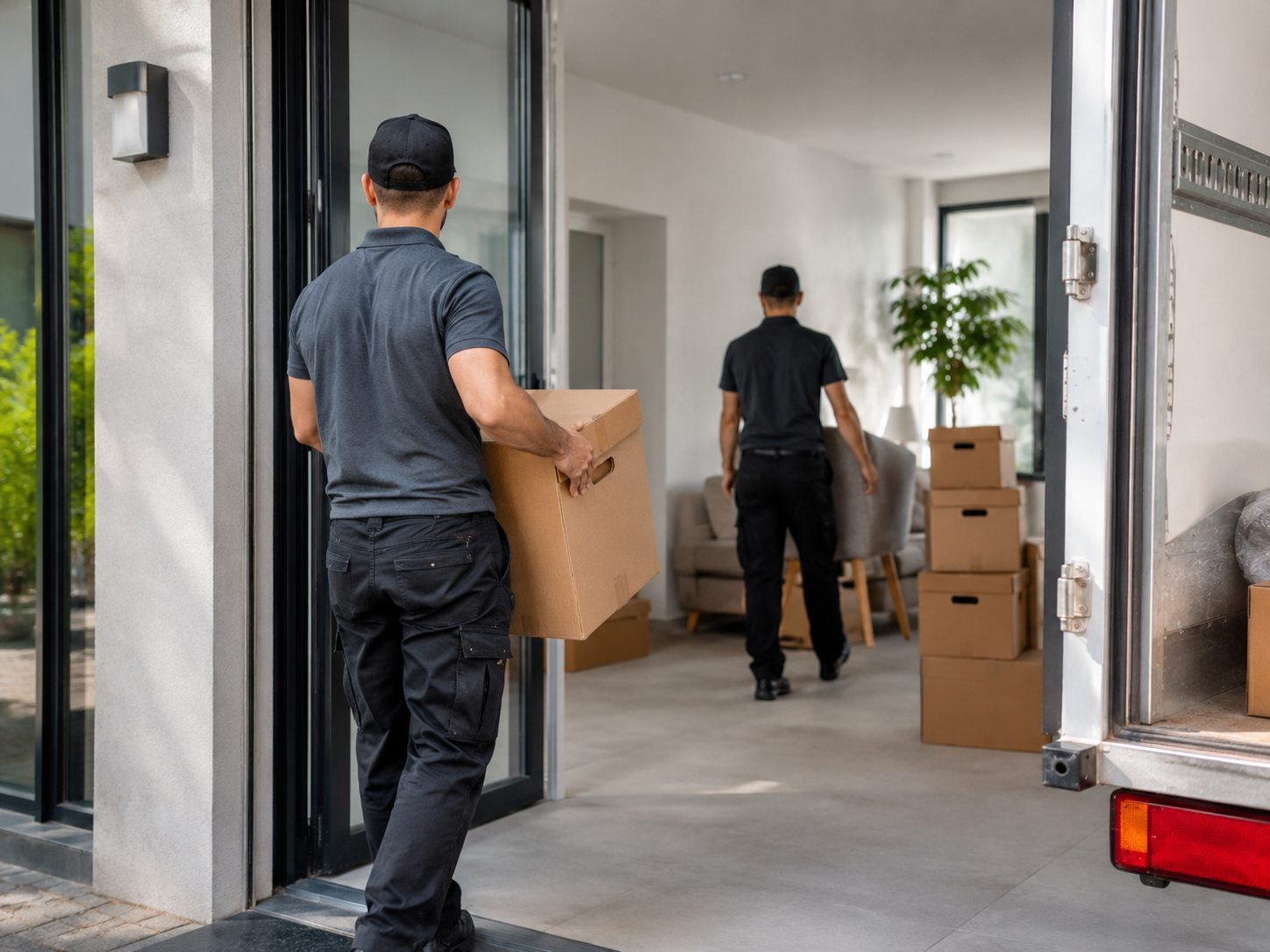 Umzugshelfer tragen Kartons in eine Wohnung
